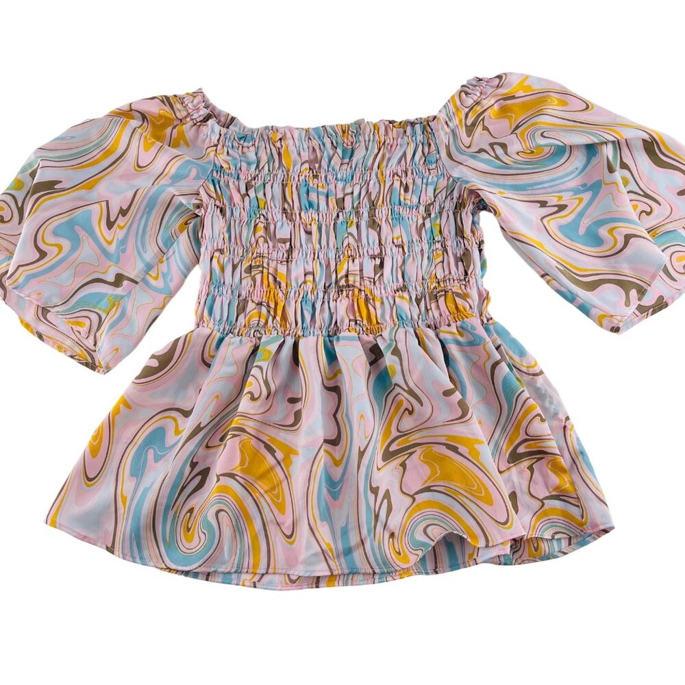 Chenault‎ Smocked Blouse Pastel Swirl Print Size Medium Satin Retro Design